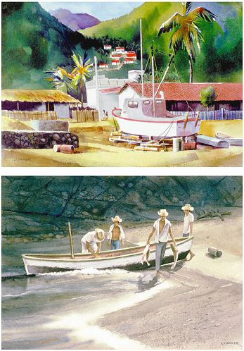 Two Zihuatanejo fishing boat scenes by Gene (Cri-Cri) Lysaker